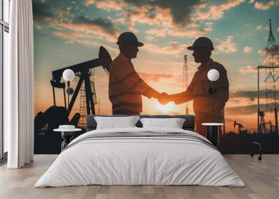 Silhouette of two engineers handshaking and making corporate contract outside in front of oil pump. People in helmets working in field at the oil. Wall mural