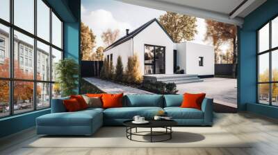 Small modern house, white walls, grey roof. Generative AI. Wall mural