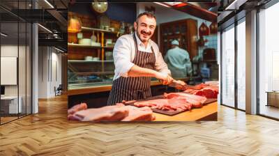 Smiling chef butcher cutting meat at counter. Fresh raw meat at the butcher. Close up of meat in store. Generative AI. Wall mural