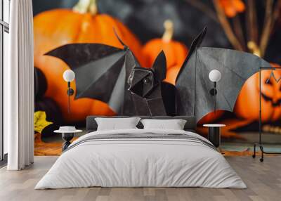 Spooky black halloween bat. Halloween concept photo. Wall mural