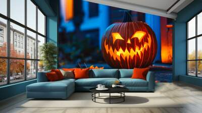 Spooky theme Halloween Concept photo. Pumpkins and witches. Wall mural