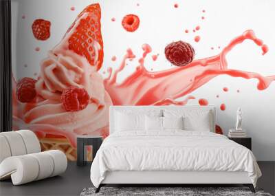 Strawberry Ice cream in the waffle cone with splash and berries isolated on white background Wall mural