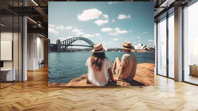 Sydney travel destination. Tourist couple in sunny city beautiful urban landscape view. Generative AI. Wall mural