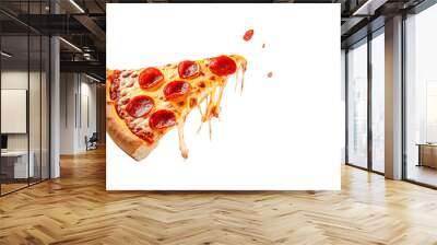 Template with delicious tasty slice of pepperoni pizza flying on white background Wall mural