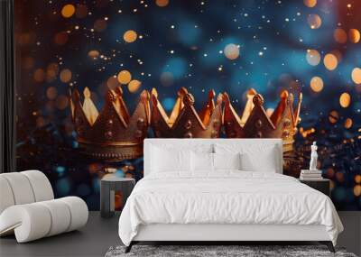 Three gold shiny crowns on festive background. Three Kings day or Epiphany day holiday celebration night background Wall mural