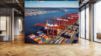 Trade ships and containers port of New York and New Jersey. Big cargo export port in big city. Aerial view of cargo vessels in the port. Wall mural