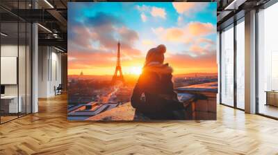 Traveler enjoying a sunset view of the Eiffel Tower in Paris. Wall mural