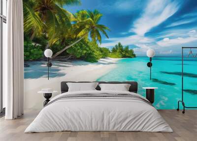 Tropical beach in the maldives. Paradise beach tropical resort with clear blue water and palm trees. Generative AI. Wall mural