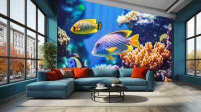 Tropical sea underwater fishes on coral reef. Beautiful marine sea life and exotic fishes in the aquarium. Wildlife in the ocean coral reef. Wall mural