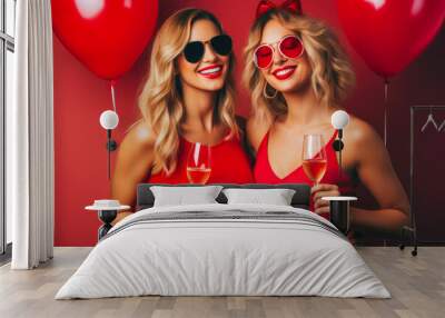 Two beautiful sexy young women party on valentines day. Enjoying single life. Red lips, curly blonde hair. Drinking champagne. Celebrating their bonds of friendship. Wall mural