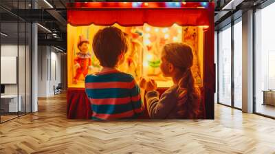 Two children creating a puppet show based on a story. Wall mural