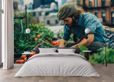 Urban farmer harvesting vegetables from a rooftop garden. Wall mural