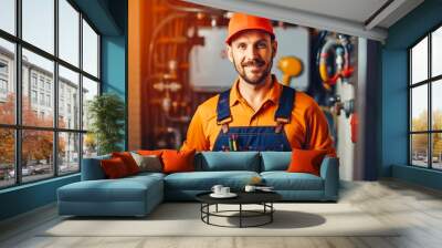 Worker service man plumber or electric technician with helmet posing with equipment. Generative AI Wall mural