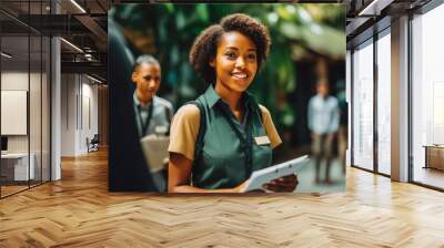 Young black female tour guide doing her job. Wall mural