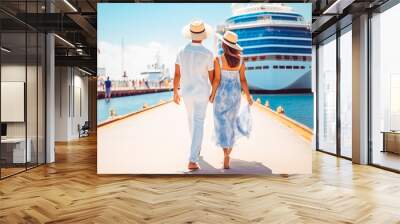 Young couple going on cruise in summer. Happy young travelers going on cruise together. Wall mural