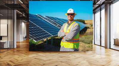 Young male Engineer standing in front of solar panels Wall mural