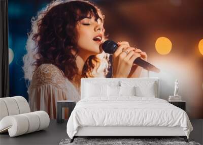 Young woman singing with microphone indoor. Attractive young female singing with closed eyes. Generative AI Wall mural