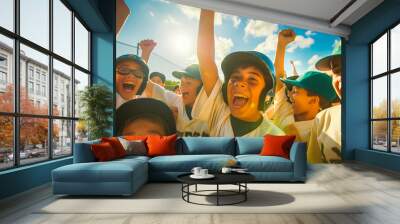 Youth baseball champions revel in victory, embodying teamwork and happiness under coachs guidance. Wall mural