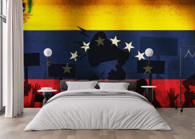 People protesting in Venezuela with waving flag in the backdrop of design. Venezuela protest concept background  Wall mural