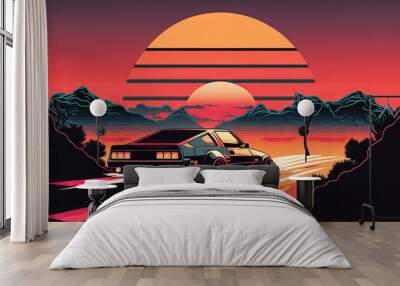 80s style illustration with car driving into sunset. Generative AI Wall mural