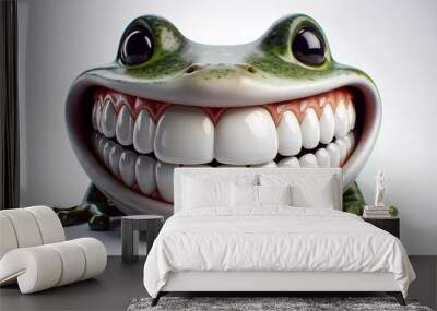 A green frog with a wide toothy smile on its face. Wall mural