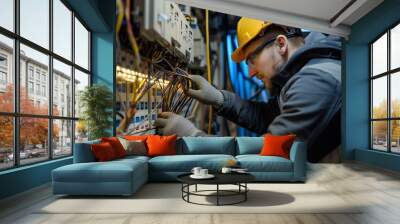 A Man in a Hard Hat Working on Electrical Equipment Wall mural