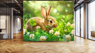 A rabbit is sitting in a field filled with clover leaves, appearing curious and engaged as it investigates its surroundings. The lush green clover leaves provide a backdrop to the scene Wall mural