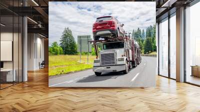 Capacious car hauler big rig semi truck transporting cargo on modular semi trailer driving on the summer highway road Wall mural