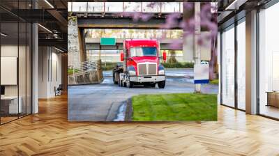 Classic bright red low cab profile big rig semi truck transporting heavy cargo on flat bed semi trailer driving on the road under the railroad bridge at spring trees blooming time Wall mural