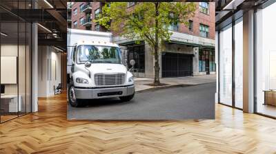 compact day cab rig semi truck with box trailer making delivery to urban city multilevel apartment n Wall mural