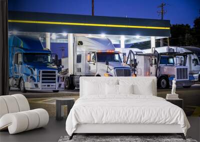 Different make and models big rig semi trucks with semi trailers standing on the truck stop parking lot under the lighted shelter in night Wall mural