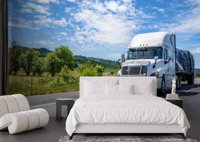 Elegant white big rig semi truck with chrome grille guard transporting tarp cargo on flat bed semi trailer driving on the straight road at sunny day with cloud sky Wall mural