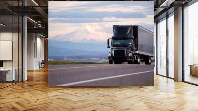 Stylish black modern powerful truck with black trailer scenic road Wall mural