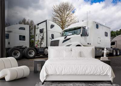 Three white big rigs semi trucks tractors without semi trailers and different cab lengths for a comfortable rest of the truck drivers stand side by side in the truck stop parking lot Wall mural