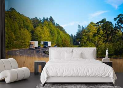 Two powerful semi trucks on winding highway Wall mural