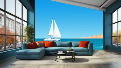 traveling by sailboat at sea. warm seascape with a sailboat. white sailboat and an island. mediterra Wall mural