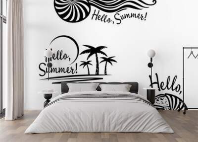 Drawn stylized shellfish nautilus with tentacles in the form of sea waves on which float a yachts. Around icons letters - Hello, Summer! Vector, black illustrations, logo, isolated on background. Wall mural