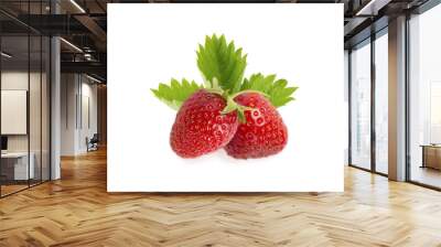 two strawberries with leaves isolated on white background. Ripe strawberries close-up. Background berry. Sweet and juicy berry with copy space for text. Wall mural