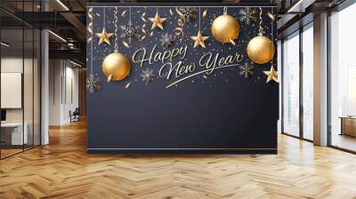 Happy New Year. Vector. Christmas star. Greeting Card. Golden  inscription on a black background. Confetti, golden balls and ribbons.  Template for the design of greetings, invitations, calendars. Wall mural