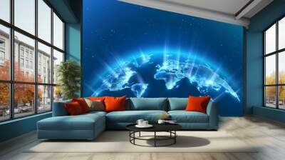 Map of the planet. Rays of energy.  World map. Global social network. Future. Vector. Blue futuristic background with planet Earth. Internet and technology. Floating blue plexus geometric background. Wall mural