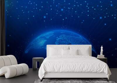 Map of the planet. World map. Global social network. Future. Vector. Blue futuristic background with planet Earth. Internet and technology. Floating blue plexus geometric background. Wall mural