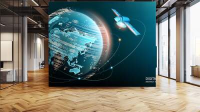 Vector image. World Wide Web. A satellite in orbit transmits a signal to the surface of our planet. Internet. Modern technologies.  Global communications. Blue technological background. Planet Earth. Wall mural