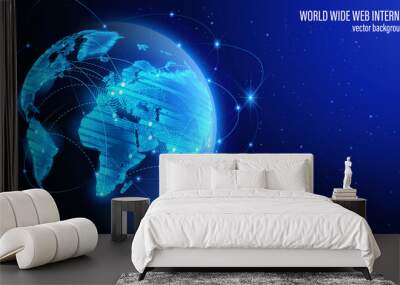 Vector. Map of the planet. Blue futuristic background. Satellites and rockets in orbit of planet Earth. World map. Social network. Global World Wide Web internet and technology. Wall mural