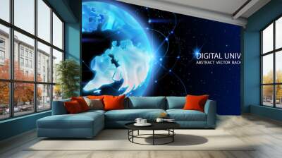 Vector. Map of the planet. Rays of energy.  World map. Global social network. Future.Blue futuristic background with planet Earth. Internet and technology. Floating blue plexus geometric background. Wall mural