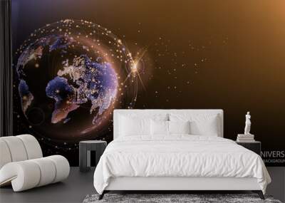 Vector. Planet Earth from space. Flickering lights of cities. Map of the mainland. Global communications system and the World Wide Web. Technologies and communications. Globalization. Luminous sphere. Wall mural