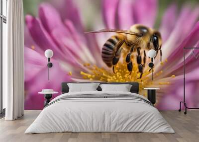 A bee collects pollen from flowers  Wall mural