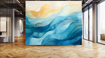 Abstract ocean wave with sun and sky, curvy lines and fluid swirls. Happy blue, yellow pastel colors summer sky vacation travel background, watercolor graphic resource. Copy space, backdrop for text Wall mural