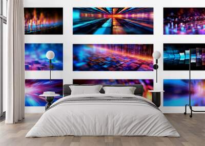 Abstract Technology web banners set. Global cyber network concept, colorful lines bars connectivity growth design for wireless WIFI connection technology. Generative AI Wall mural