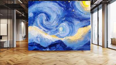 Abstract texture background painting in Vincent Van Gogh style artwork of ocean waves or winter snow with night sky, star, moon. Artistic modern art for print, postcards, posters or wallpaper.  Wall mural