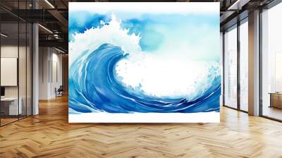 Abstract watercolor ocean water wave isolated on white background with foam spray aqua splash. Painted fun, happy ocean wave in blue, teal, turquoise colors. Marine element with copy space by Vita Wall mural